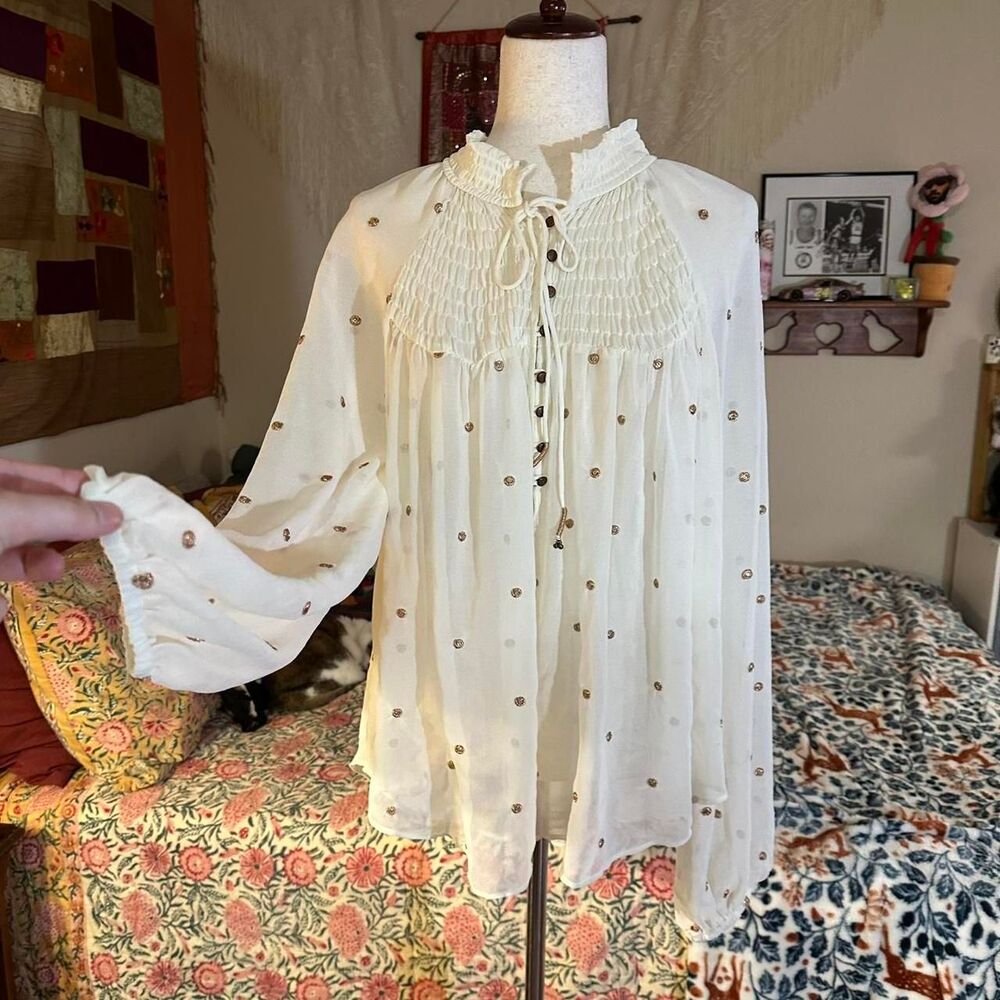 Free People Sheer Creme Blouse with Gold Embroidered Polka Dots